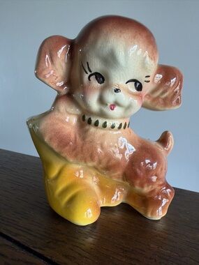 Vintage Napcoware Brown White Puppy Dog Planter Yellow Boots Crazing